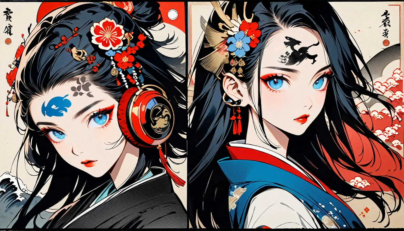(((Ink Painting))), Fashion portrait color photos, (((1 girl))), (((Tattoo in the center of the forehead))), (((Very flashy hair accessories))), (((Very flashy makeup))), Japanese style headphones, Japan人の美女, Black Hair, Delicate and precise, Modern ukiyo-e style,Japan, Japanese flag, Eye color: red and blue