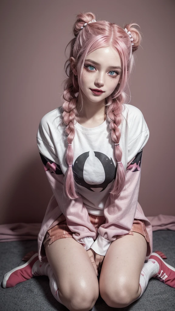 hottie with black power hair, pink hair, photo by full body, blue colored eyes, heart-shaped pupils, insane smile, blood splatters, 1 girl, insane girl in long pink hair, tails, gum princess style, finely detailled, (best qualityer), (details Intricate), cute style, , court jester style, multicolor, ((messy long pink hair in braids)), best qualityer, ((long sleeve shirt and shorts)), ((red and white clothes)), ((court jester style clothes)), ((high socks)), ((round eyes)), ((has jester makeup)), beautiful face, glad, cute face, Poster, face perfect, simple background portrait, clooh listen to letters, gum
