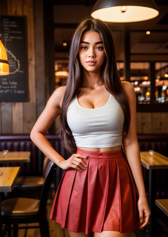 Arafed woman in skirt posing for a photo in a restaurant, alena aenami and artegerm, madison beer as leeloo, deviantart art station cgscosiety, ilya kuvshinov and artegerm, chica sexy, in the style artegerm, ig model | artegerm, amaranth