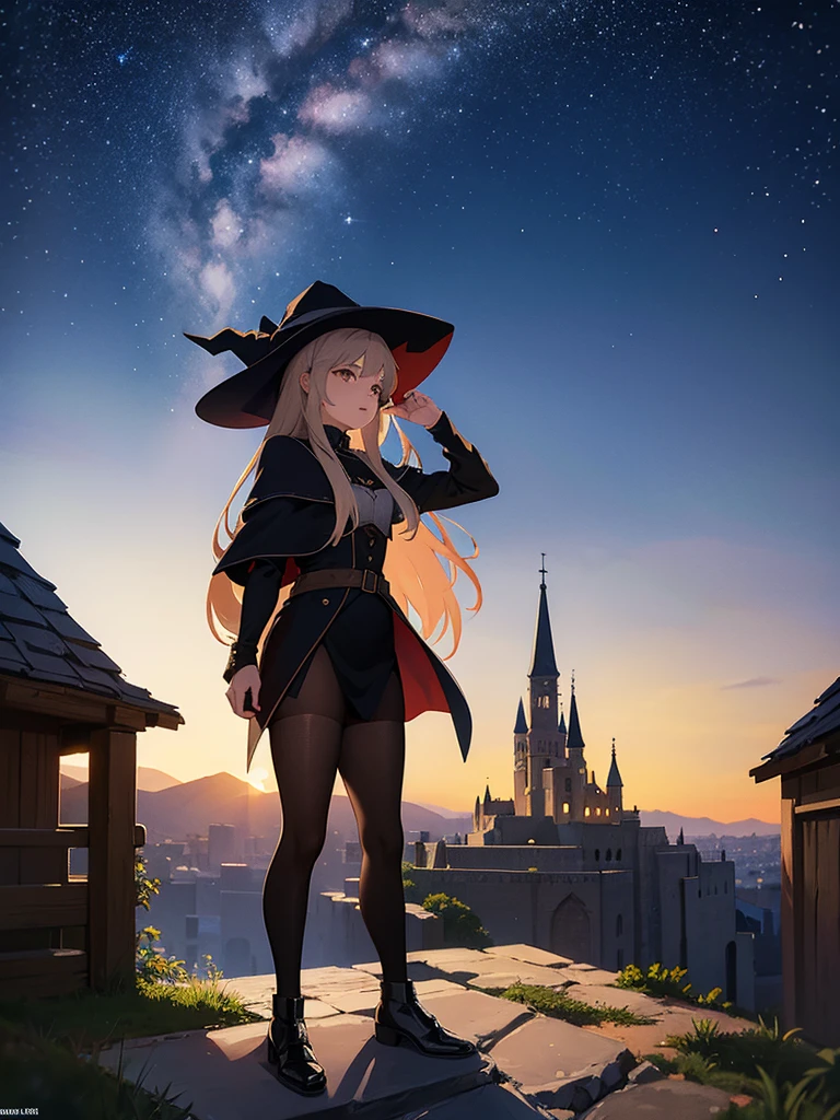 Girl dressed as a witch looking at the starry sky on the edge of a cliff overlooking a medieval city