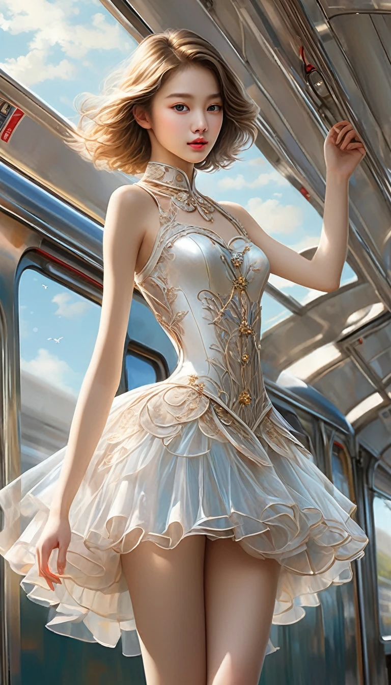 [detaileded illustrations, Art based on extremely ideal anatomy, Highly detailed and detailed drawings, Slow and delicate lines, Realistic texture expression],((color tress main line)),(Artworks of outstanding craftsmanship),(in train background), shot from below, shot focus on the crotch, cute Japanese girl, 15 years old, Skinny (thin), short bob cut, (automaton), ((ballerina)), swan tutu dress, (Transparent material) ((horn)),(Pearlescent),(Steampunk Alchemy),((Fine and beautiful skin expression (Transparency))),((Clear gaze)),((Perfect eyes detailed (Beautifully drawn eyes in every detail))),(beautiful perfect face (Realistic Face detaileds)),((Beautiful hair detailed)),(perfectly balanced proportions)),(Design built to a high standard,(((Advanced structural understanding of materials)),ideal color coordination),((artistic decoration)) ((meticulous detail)),(detailed,High resolution)),[(Ultra-precise details),((multilayer texture)),high quality,High resolution] (Accurate simulation of interactions between light and materials, Understanding air flow, Mechanically correct representation)),((Visual art that tells a story)).