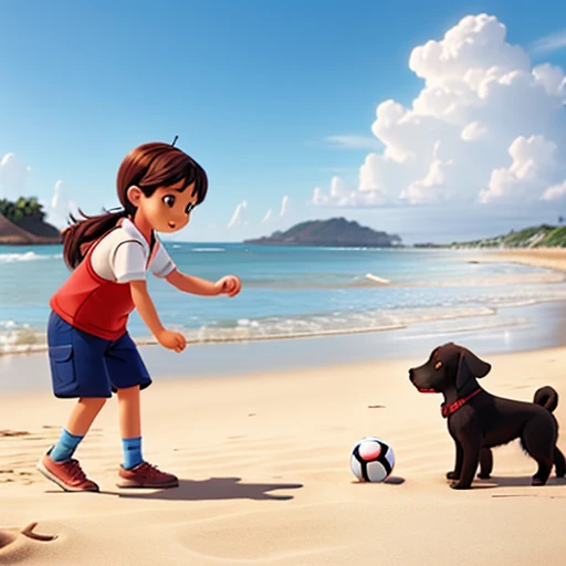 children playing ball on the beach with dog