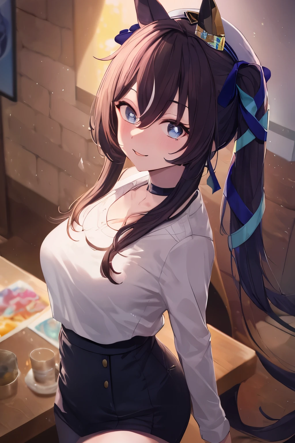 (Tabletop.Highest quality).(Dynamic Angle). (CG paintings with attention to detail),(Perfect image)、Comic Strip.shape.1 girl.Detailed face、Perfect Face.Delicate face、A girl in a delicate uniform、Rough skin、Black Hair.length、(Umamimi Girl)Umamimi Girl、((Beautiful Blue Eyes)).繊細でBeautiful Eyes、Beautiful Eyes、Reflected Eyes、smile.(Looking at the audience:1.3).(Face is a little red:0.8)、8k wallpaper、Cowboy Shot、reflected light、Most detailed、Complex、Delicate background、Rough skin、Fine skin、(Super Resolution)、Wear a uniform