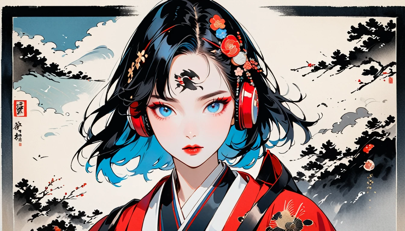 (((Ink Painting))), Fashion portrait color photos, (((1 girl))), (((Tattoo in the center of the forehead))), (((Very flashy hair accessories))), (((Very flashy makeup))), Japanese style headphones, face close-up, Japan人の美少女, Black Hair, Delicate and precise, Modern ukiyo-e style,Japan, Japanese flag, Eye color: red and blue