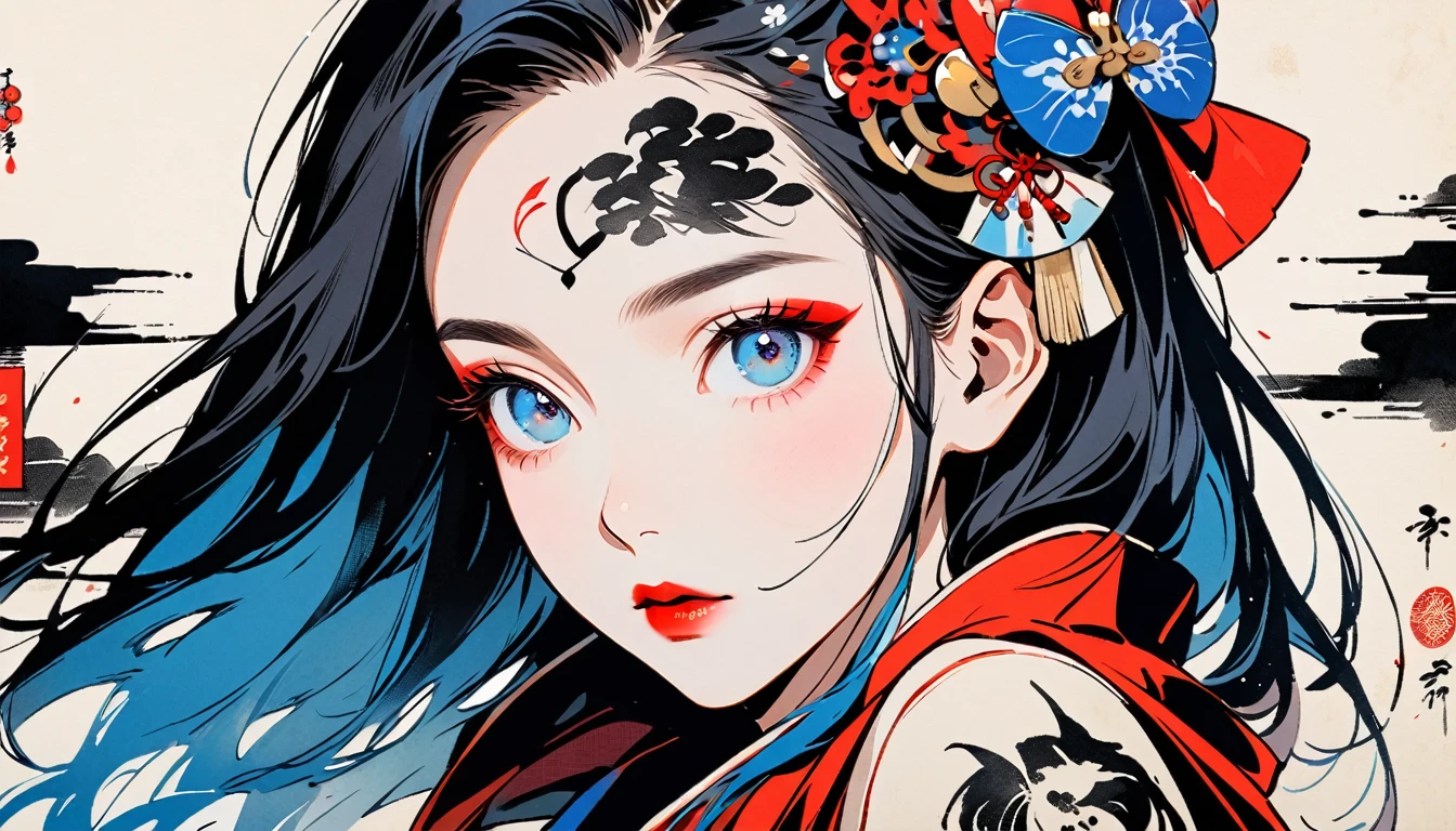 (((Ink Painting))), Fashion portrait color photos, (((1 girl))), (((Tattoo in the center of the forehead))), (((Very flashy hair accessories))), (((Very flashy makeup))), Japanese style headphones, face close-up, Japan人の美少女, Black Hair, Delicate and precise, Modern ukiyo-e style,Japan, Japanese flag, Eye color: red and blue
