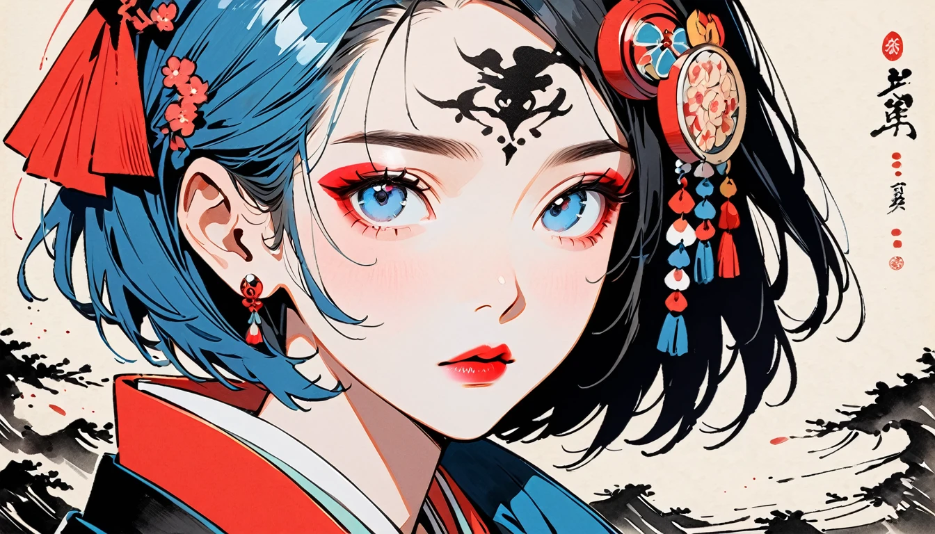 (((Ink Painting))), Fashion portrait color photos, (((1 girl))), (((Tattoo in the center of the forehead))), (((Very flashy hair accessories))), (((Very flashy makeup))), Japanese style headphones, face close-up, Japan人の美少女, Black Hair, Delicate and precise, Modern ukiyo-e style,Japan, Japanese flag, Eye color: red and blue