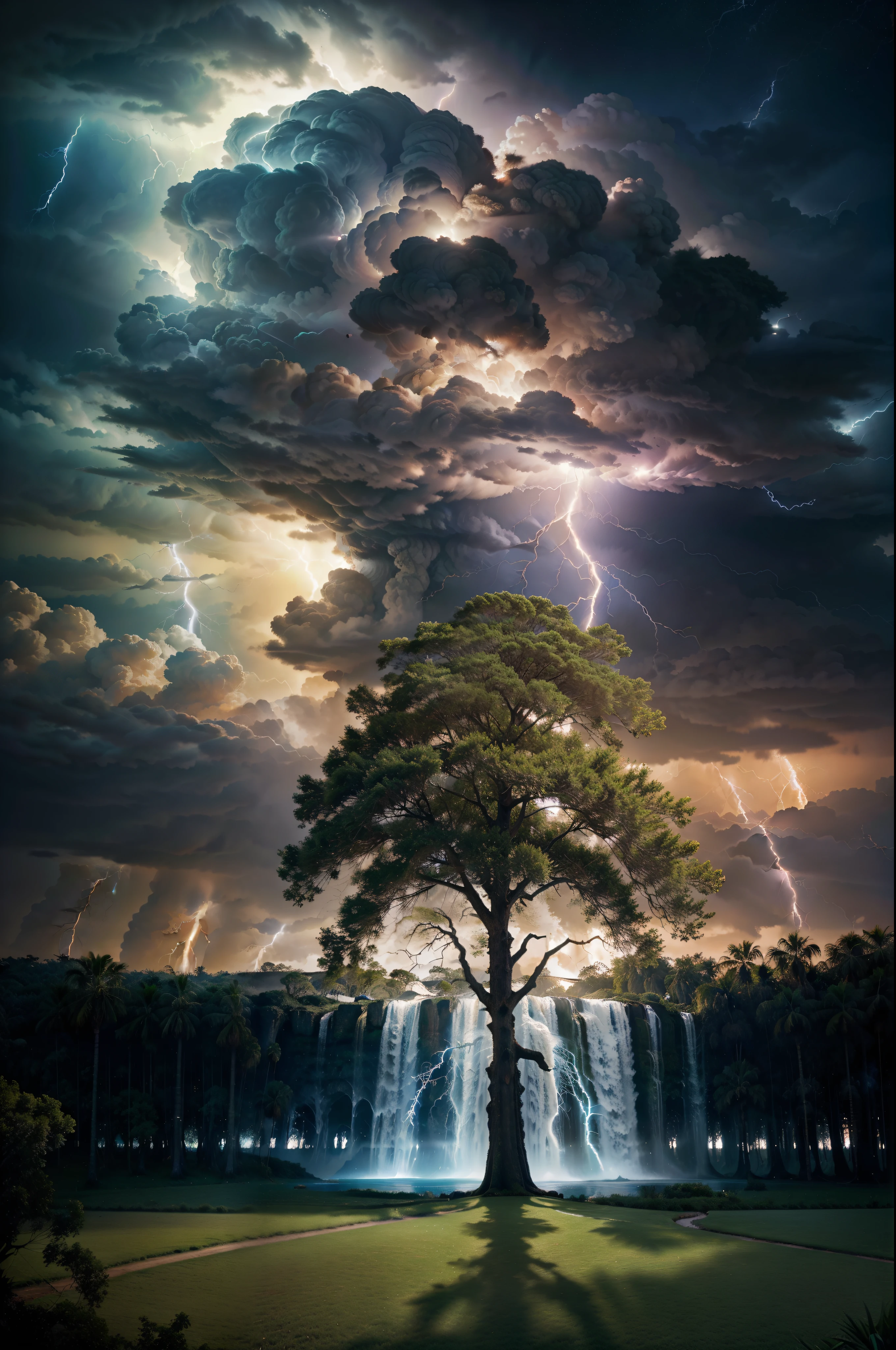 Surrealism, surrealistic, futurist, Surrealism Realm, Surrealism do Céuo, Heavenly Tree, big tree, paisaje, panorama, Heaven heaven, naturals, palmtrees, Cedars, forst, Rivers of water, Thunder Light, Detailed realistic FullHD photorealism, majestic, appealing, fire, villany, thunder, Sky thunder, stele, photorrealistic 6K, Detailed UltraHD, detailed colors 8k, Elegant beauty, floor, stele, lightning strikes, heavens, céu Godlike, tempest, Towards the heavens, heavenly, Godlike, photorrealistic, Rendering, 4K, 8k, detailed textures, detailed shadows, padoru, detailed colors, God's Heaven, UltraHD 16K Details, Texturas photorrealistics de 16K, detailed sharpness 16K, detailed sharpness, detailed colors, realistic shadows, ultra realistic textures, high power, natural beautifuls, natural colors, realistic contrast, Texturas photorrealistics, detailed colors, lifelike colors, detailed shadows, Textuta photorrealistic FullHD, Sombras photorrealistics 8k, HD photorrealistic, Detalhes ultra-realistas de 8k, Cor photorrealistic 4K, FullHD Detailed Lights, Texturas Detalhadas photorrealistics 8k, Nitidez photorrealistic, villany, detailed 4k, ultra detaild, realistic contrast de 8k, detailed sharpness, cores Ultra HD, chic, Divine Light, Surrealism Realm, Surrealism God's Light, Surrealism Sky Path, Thunders, The End of Time, Final of World, God's Power,