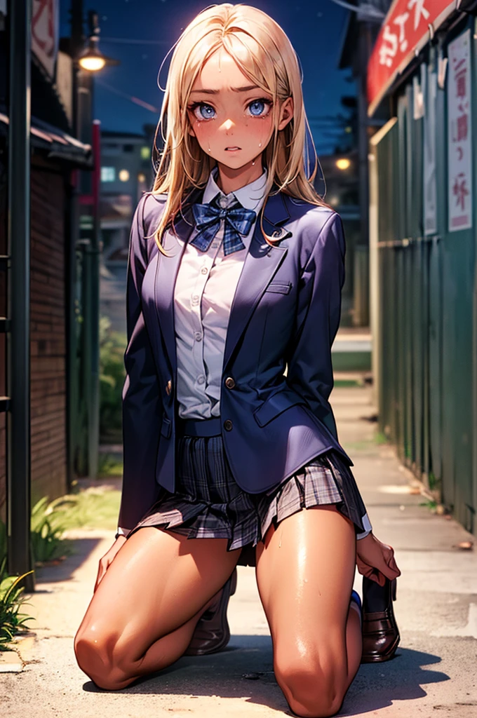 (((night,真night中))),((perfect anatomy:1.2,realistic:1.3,RAW Photography:1.3,masterpiece、highest quality、Ultra - High resolution、High resolution、Highly detailed CG、8K)),cowboy shot,1 female,solo,18-year-old、High school girl beautiful girl,Japanese,((beautiful detailed face and eyes:1.2,big gorgeous eyes:1.3,)),blonde hair,long hair,(center parted hair:1.4,forehead),medium breasts,slender body,small head:1.3,skinny,(brown skin:1.4),(oily skin,gleaming skin,shiny skin,sweat:1.2),(school uniform、Dark blue blazer jacket、plaid pleated mini skirt),kneeling,dirty back alley、Tokyo、