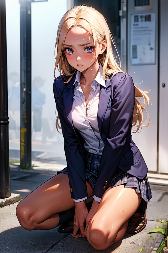 (((night,真night中))),((perfect anatomy:1.2,realistic:1.3,RAW Photography:1.3,masterpiece、highest quality、Ultra - High resolution、High resolution、Highly detailed CG、8K)),cowboy shot,1 female,solo,18-year-old、High school girl beautiful girl,Japanese,((beautiful detailed face and eyes:1.2,big gorgeous eyes:1.3,)),blonde hair,long hair,(center parted hair:1.4,forehead),medium breasts,slender body,small head:1.3,skinny,(brown skin:1.4),(oily skin,gleaming skin,shiny skin,sweat:1.2),(school uniform、Dark blue blazer jacket、plaid pleated mini skirt),kneeling,dirty back alley、Tokyo、
