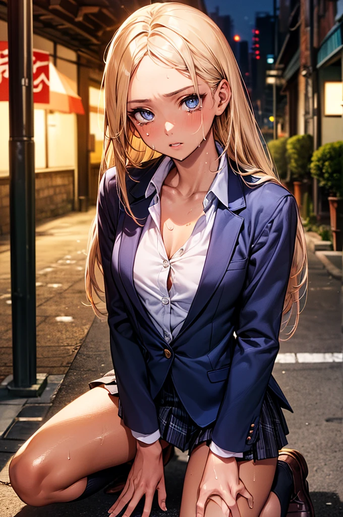 (((night,真night中))),((perfect anatomy:1.2,realistic:1.3,RAW Photography:1.3,masterpiece、highest quality、Ultra - High resolution、High resolution、Highly detailed CG、8K)),cowboy shot,1 female,solo,18-year-old、High school girl beautiful girl,Japanese,((beautiful detailed face and eyes:1.2,big gorgeous eyes:1.3,)),blonde hair,long hair,(center parted hair:1.4,forehead),medium breasts,slender body,small head:1.3,skinny,(brown skin:1.4),(oily skin,gleaming skin,shiny skin,sweat:1.2),(school uniform、Dark blue blazer jacket、plaid pleated mini skirt),kneeling,dirty back alley、Tokyo、