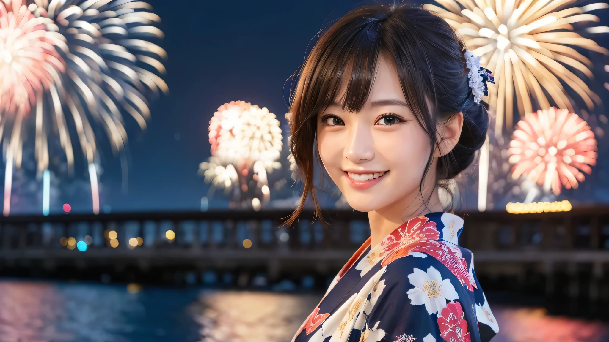 kawaii, (1woman), (happy smile:1.2), (yukata), (Best Quality:1.4), Realistic, extremely detailed CG unified 8k wallpaper, highly detailed, professional photography, Close up portrait of girl, Outdoors, Beautiful scenery, beach, (The night sky, fireworks, beautiful fireworks spreading across the sky:1.4), upper body photos, (Fine face:1.2), From the side