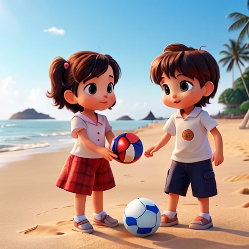 children playing with ball on the beach with kitten