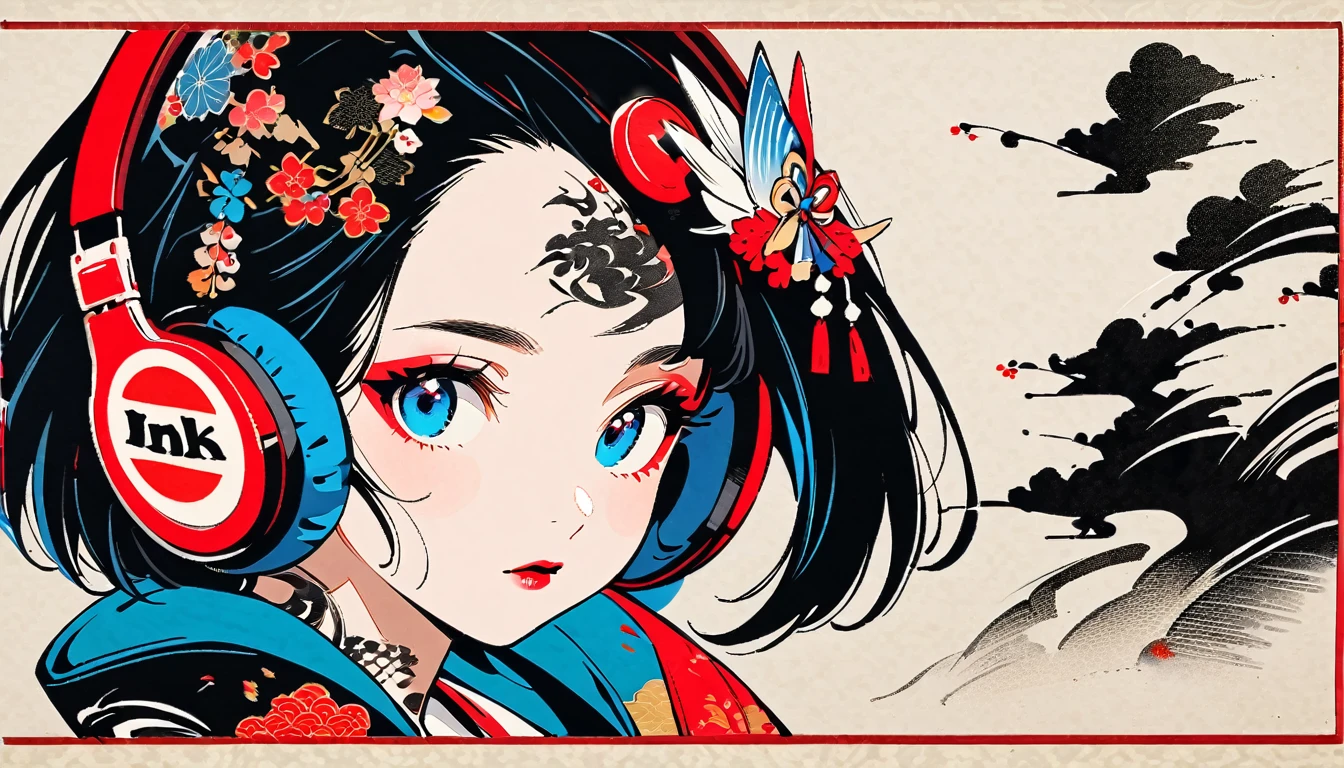 (((Ink Painting))), Fashion portrait color photos, (((1 girl))), (((Tattoo in the center of the forehead))), (((Very flashy hair accessories))), (((Very flashy makeup))), Japanese style headphones, Japan人の美女, Black Hair, Delicate and precise, Modern ukiyo-e style,Japan, Japanese flag, Eye color: red and blue