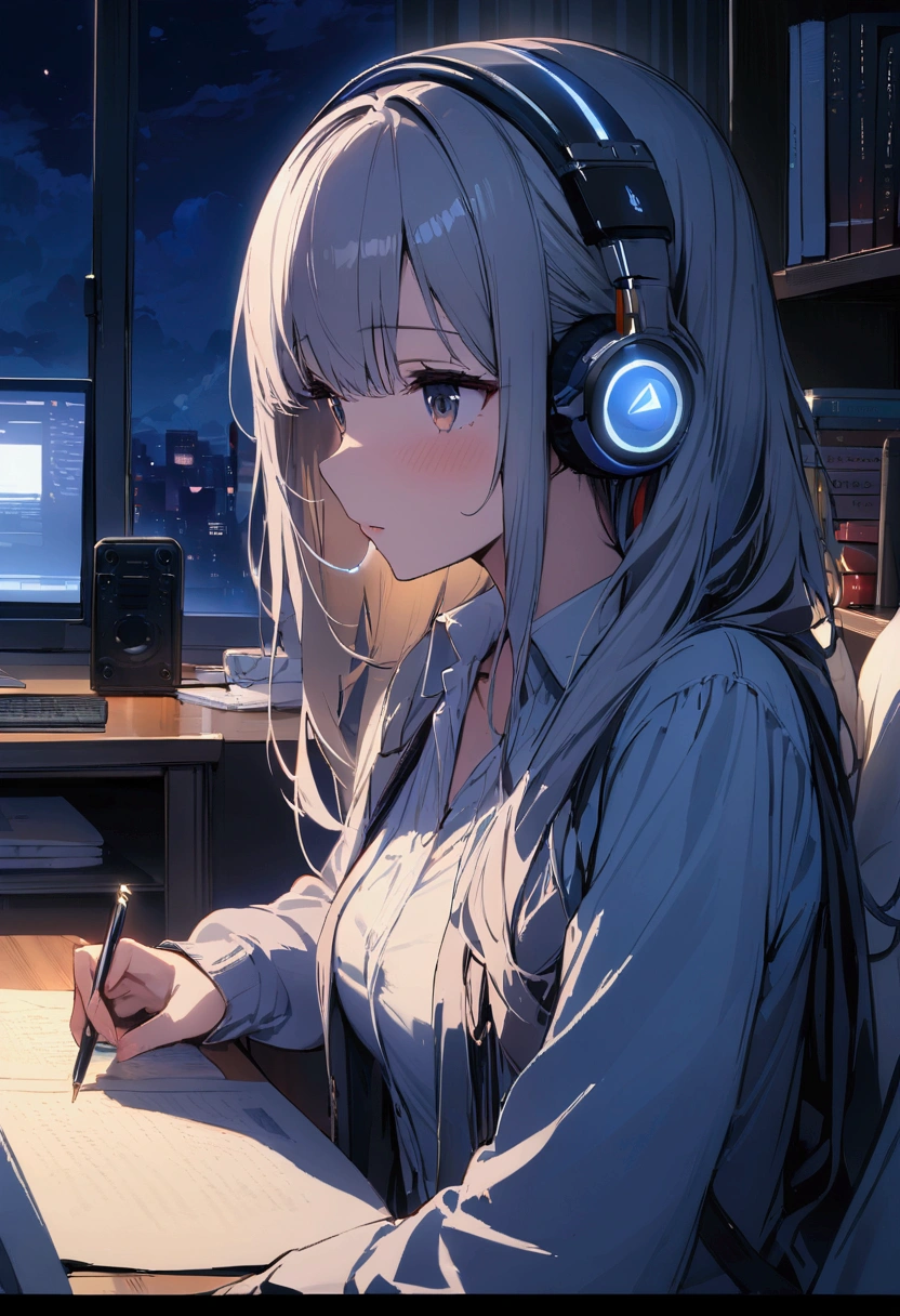 Highest quality,masterpiece,,high resolution,4K,Atmospheric,Detailed Description,Girls to study,night,Private room,headphone,