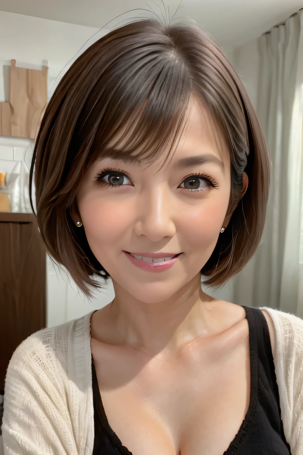 55 years old, (Mature Woman:1.2), Captivating Gaze, Brown eyes, (8k, High resolution,super high quality, Ultra HD,Ultra-realistic,Highest quality), Close-up photo with focus on face, Eyes visible through hair, Proper eye position, Cinematic Light, Soft Light, at night, detailed color graded background, Highly detailed eyes, 8k, Overall silhouette, bedroom, Looking down, smile,