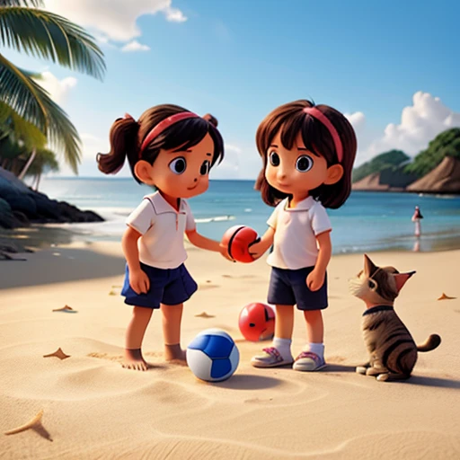 children playing with ball on the beach with kitten