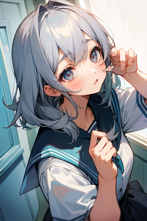 Gray Hair、cute、beauty、high school girl、look up、