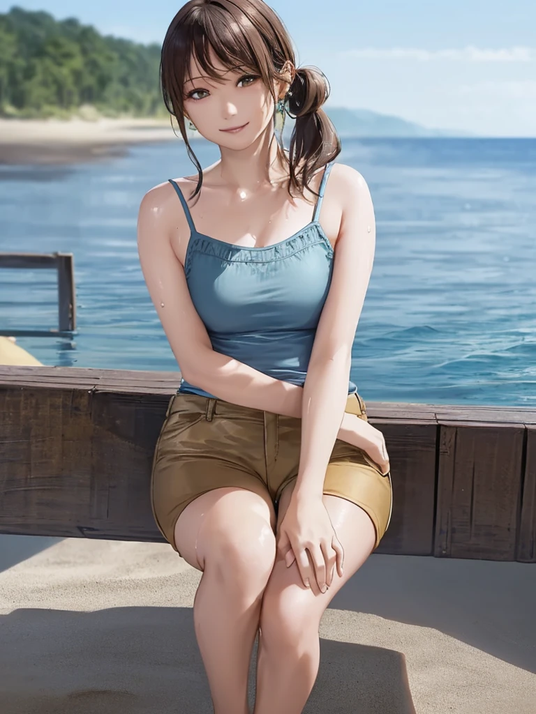 (Highest quality、8k、32K、masterpiece)、(Realistic)、(Realistic:1.2)、(High resolution)、Very detailed、Very beautiful face and eyes、(((Women's Solo Shot)))、Tight waist、(Highest quality、Attention to detail、Rich skin detail)、(Highest quality、8k、Oil paints:1.2)、(Realistic、Realistic:1.37)、Bright colors、(((Full Body Shot)))、(((Bob Hair)))、(((Medium Hair)))、(((Side Ponytail)))、(((smile)))、(((Brown Hair)))、(((Light blue camisole)))、(((Brown Hot Pants)))、(((I'm on the beach)))、(((you can see the horizon)))、((Sweaty skin))、(((blue sky)))、((Raise your hand))、((Wide coast))、Raise your right hand high