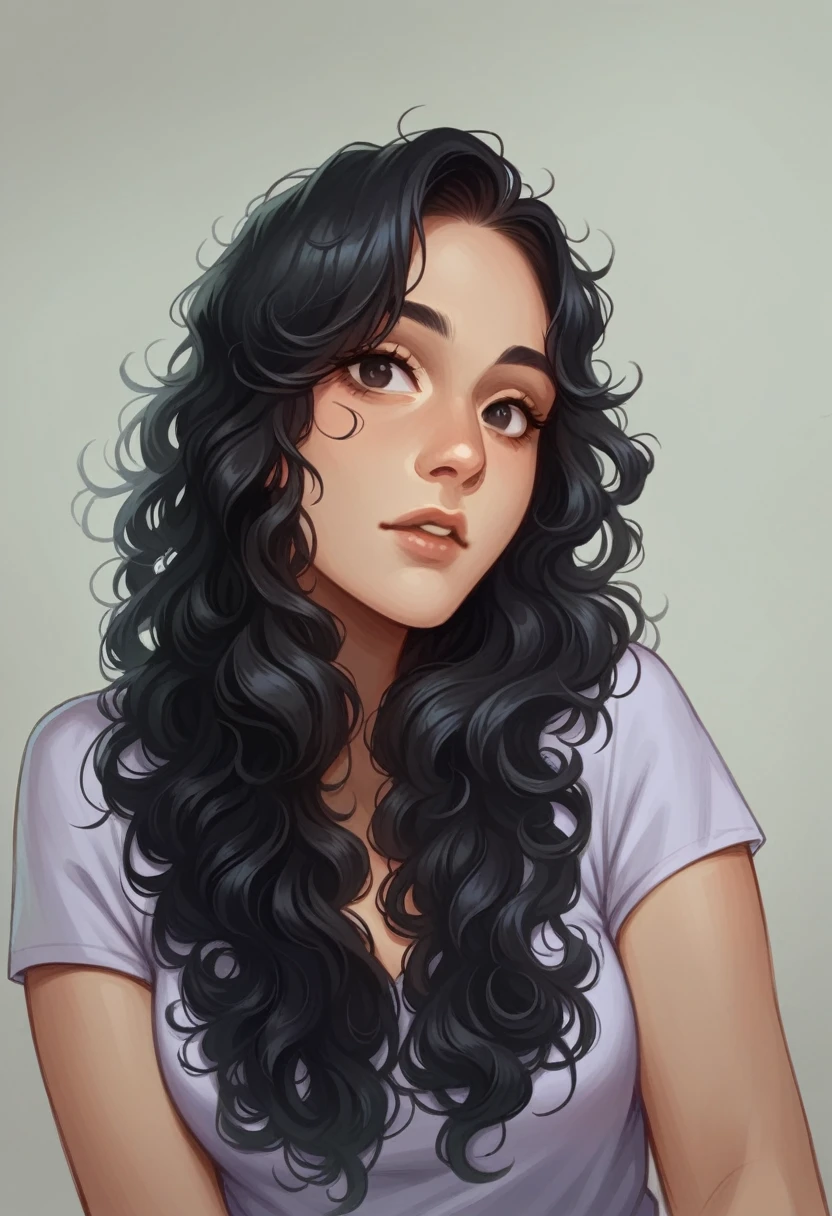 arafed woman with long black hair and a purple shirt, no makeup wavy hair, Cindy Avelino, with long curly hair, long wavy black hair, Middle Part Curly Haircut, With long hair, wavy hair spread out, with professional make-up, with long curly, profile picture with headshot, soft portrait photographed in 8k, her black hair is long and curly
