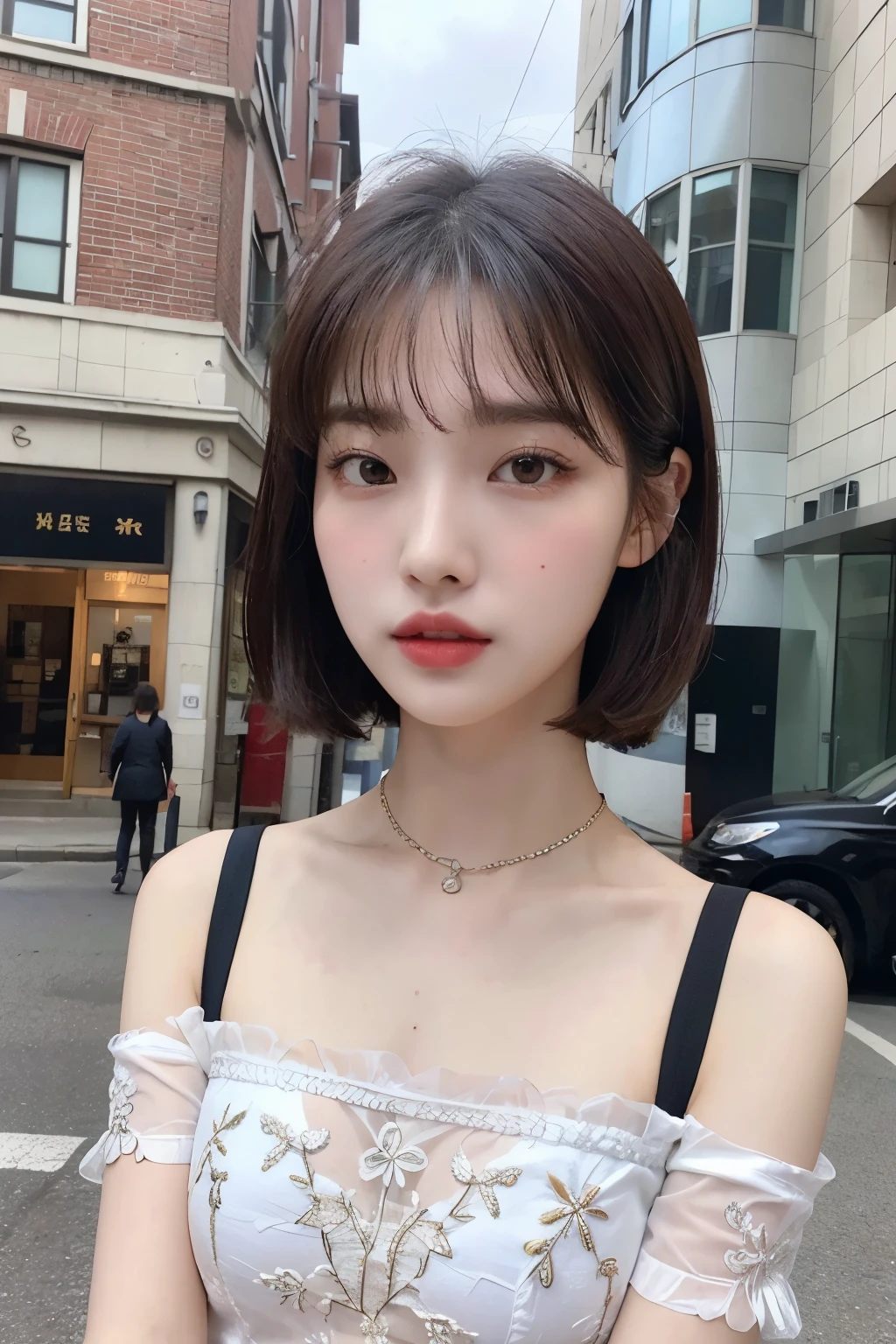 (Realistic, High Resolution: 1.3), 1 Girl with Perfect Body, H1-KEY HWISEO, 42 years old, ((h1-key hwiseo)), ((Tattoo on shoulder and arm)),Create an image of a young woman with a short bob cut taking a selfie on a city street。Close-up、building in the background、City sign、There is a slightly cloudy sky。She has a calm, expressionless face.、She is wearing a sheer embroidered top。