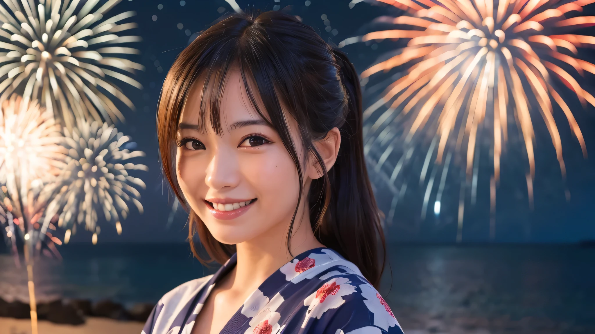 kawaii, (1woman), (happy smile:1.2), (yukata), (Best Quality:1.4), Realistic, extremely detailed CG unified 8k wallpaper, highly detailed, professional photography, Close up portrait of girl, Outdoors, Beautiful scenery, beach, (The night sky, fireworks, beautiful fireworks spreading across the sky:1.4), upper body photos, (Fine face:1.2), From the side