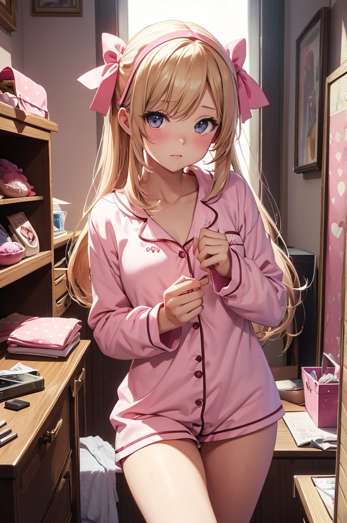 (Masterpiece, top quality, absolute resolution, real stick, realistic materials and textures, perfect anatomy), BREAK Subject: Photo girl Subtitle: Junior high school girls, thighs, small, cute, Kigurumi pajamas BREAK pink kawaii room , pink gothic room, messy room, Marchen, macarons, Candy, heart item, ribbon,star item, small window, (Miscellaneous goods are placed in a mess:1.3),dresser, antimacassar , medium breast, blond hair