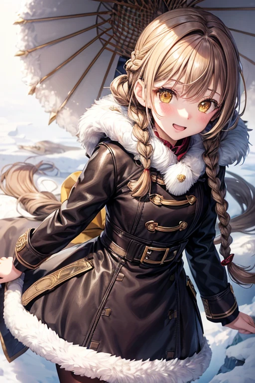 amana osaki, 1 girl, has, gloines, by the wide, Alone, White background, fur has, smile, Brown hair, looking at iniewer, yellow eyes, simple background, leather trim, open mouth, shelter, blush, winter clothes, braid, white shelter, in, long sleeines, hits, swept hits, teeth