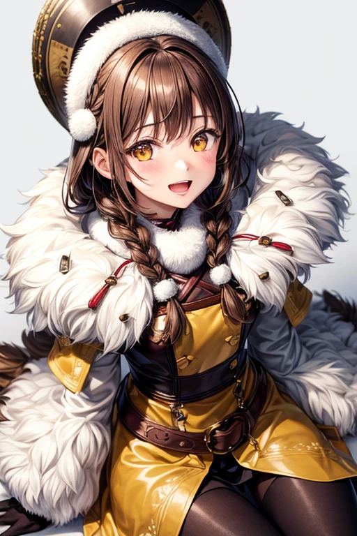 amana osaki, 1 girl, has, gloines, by the wide, Alone, White background, fur has, smile, Brown hair, looking at iniewer, yellow eyes, simple background, leather trim, open mouth, shelter, blush, winter clothes, braid, white shelter, in, long sleeines, hits, swept hits, teeth