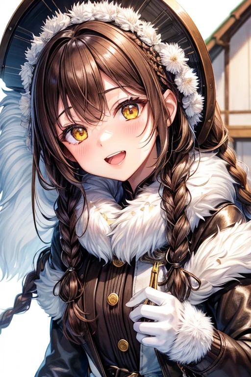 amana osaki, 1 girl, has, gloines, by the wide, Alone, White background, fur has, smile, Brown hair, looking at iniewer, yellow eyes, simple background, leather trim, open mouth, shelter, blush, winter clothes, braid, white shelter, in, long sleeines, hits, swept hits, teeth