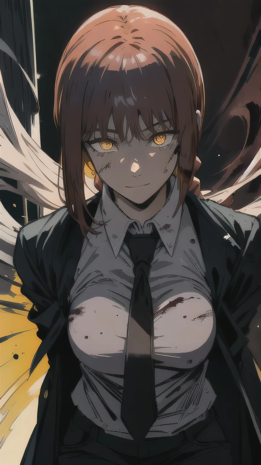 fleeing, braided ponytail, surrounded eyes, Red hair, yellow  eyes, collar shirt, black necktie, black pants, black greatcoat, cowboy shot, front viewer, hands behind the back, darkness background, blood on shirt, drlight smile, glare eyes,  The wide eyes, darkness, silhuette,