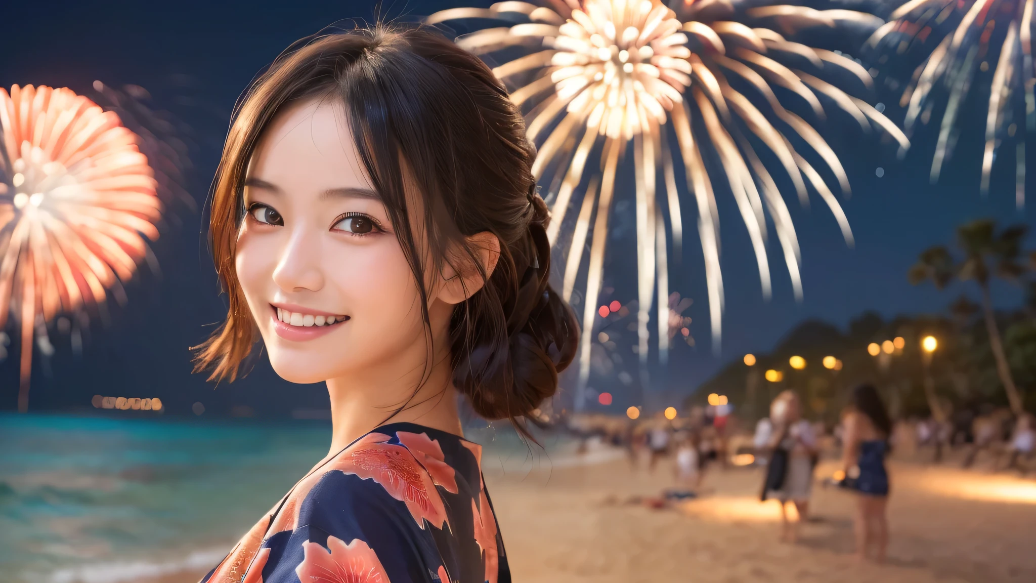 kawaii, (1woman), (happy smile:1.2), (yukata), (Best Quality:1.4), Realistic, extremely detailed CG unified 8k wallpaper, highly detailed, professional photography, Close up portrait of girl, Outdoors, Beautiful scenery, beach, (The night sky, fireworks, beautiful fireworks spreading across the sky:1.4), upper body photos, (Fine face:1.2), From the side