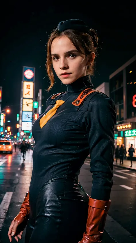 (masterpiece), (best quality), (solo, 1girl), (photorealistic1.4), (ewt), (emma watson in sfjuli latex costume), (sfjuli bodysui...