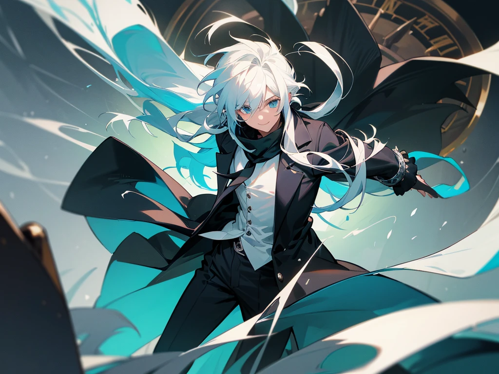1 man with long white hair and hair tied back, wearing a black overcoat covering his white shirt with a cyan tie and black dress pants with pockets and chains while wearing a white scarf with a tall white background with a smile and a clock showing 12 hours and 28 Roman minutes in black and white and conjuring a magic in the form of a cyan colored time clock with his hair looking like Meliodas with a masculine but beautiful face
