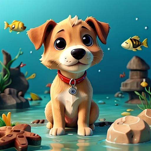 puppy in the sea with fish