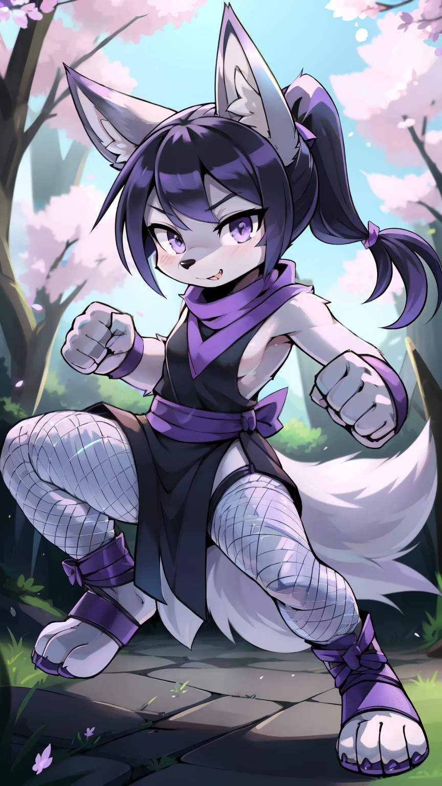 score_9,score_8_up,score_7_up, source_cartoon, source_furry, furry girl, young, wolf, black hair, hair bang covering one eye, long large ponytail, anime style, small breasts, lilac eyes, (wolf tail), (wolf ears), ((dark lilac scarf, dark blue sleeveless kimono, lilac ribbon on ponytail, fish net thights, toeless footwear)), high quality, detailed body, detailed eyes, detailed face, masterpiece, glistening body, detailed body fur, best quality, skinny, spectacular effects, detailed hands, perfect lighting, perfect shadows, perfect eyes, perfect hair, perfect face, gorgeous body, clear gray body fur, detailed hands, glistering body, shiny body, skinny, spectacular effect, fangs, solo, :3, Sakura tree forest, clear sky, full body, feets with three toes, 3 toes, short body, ((fight stance, fist, punch focus)), running at viewer,