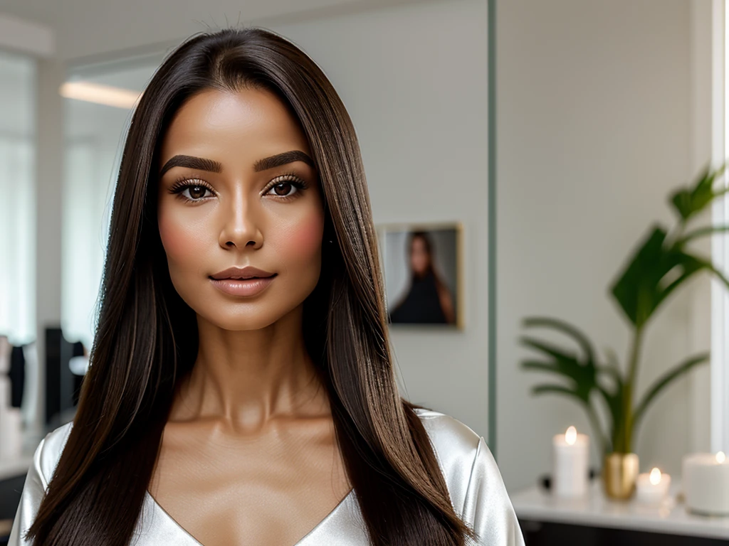 Portrait of an elegant and confident woman, with silky and shiny hair. She has a serene face and an attentive look., conveying an aura of expertise and care. Her impeccable appearance and professional attire suggest a hair health expert. She appears to be in a clean, minimalist environment, possibly in a beauty salon or office, ready to advise and care for her clients&#39; hair with skill and dedication. Your posture and expression convey tranquility, competence and passion for your craft, inspiring confidence and awakening the desire to take care of hair health.