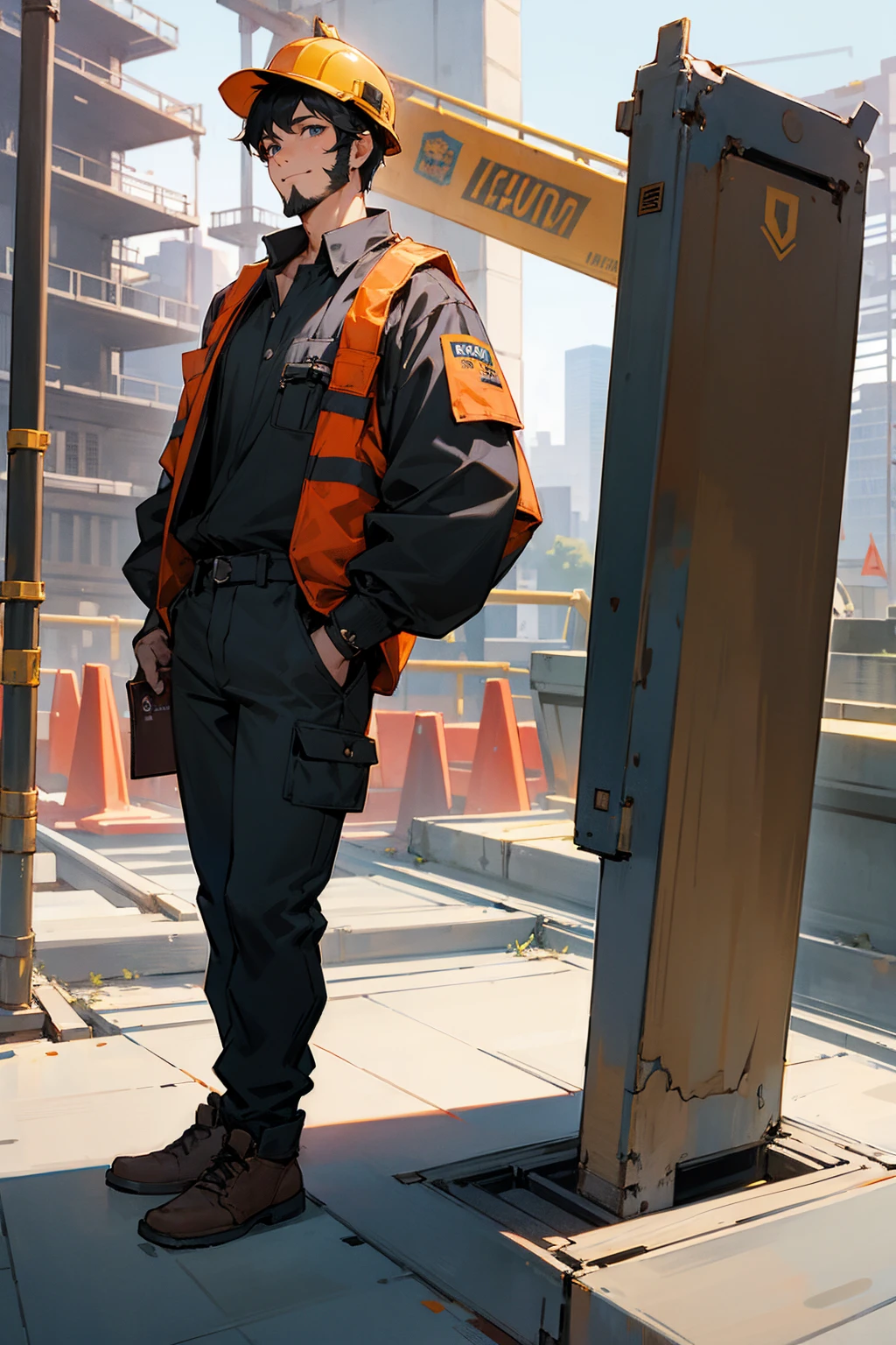 Masterpiece Quality, Perfect Generation, Sclera, Detailed Eyes, Skin, Hair, Muscular, Clothing, Excited Expression, , Construction Background, Full Body, Skin, , , , facing viewer, Standing Outside, Clothed, , Eyes, hair, , hair, hair, , Background, , , hair, U , Male, , , construction worker, short beard, short black hair, construction clothing, construction hat