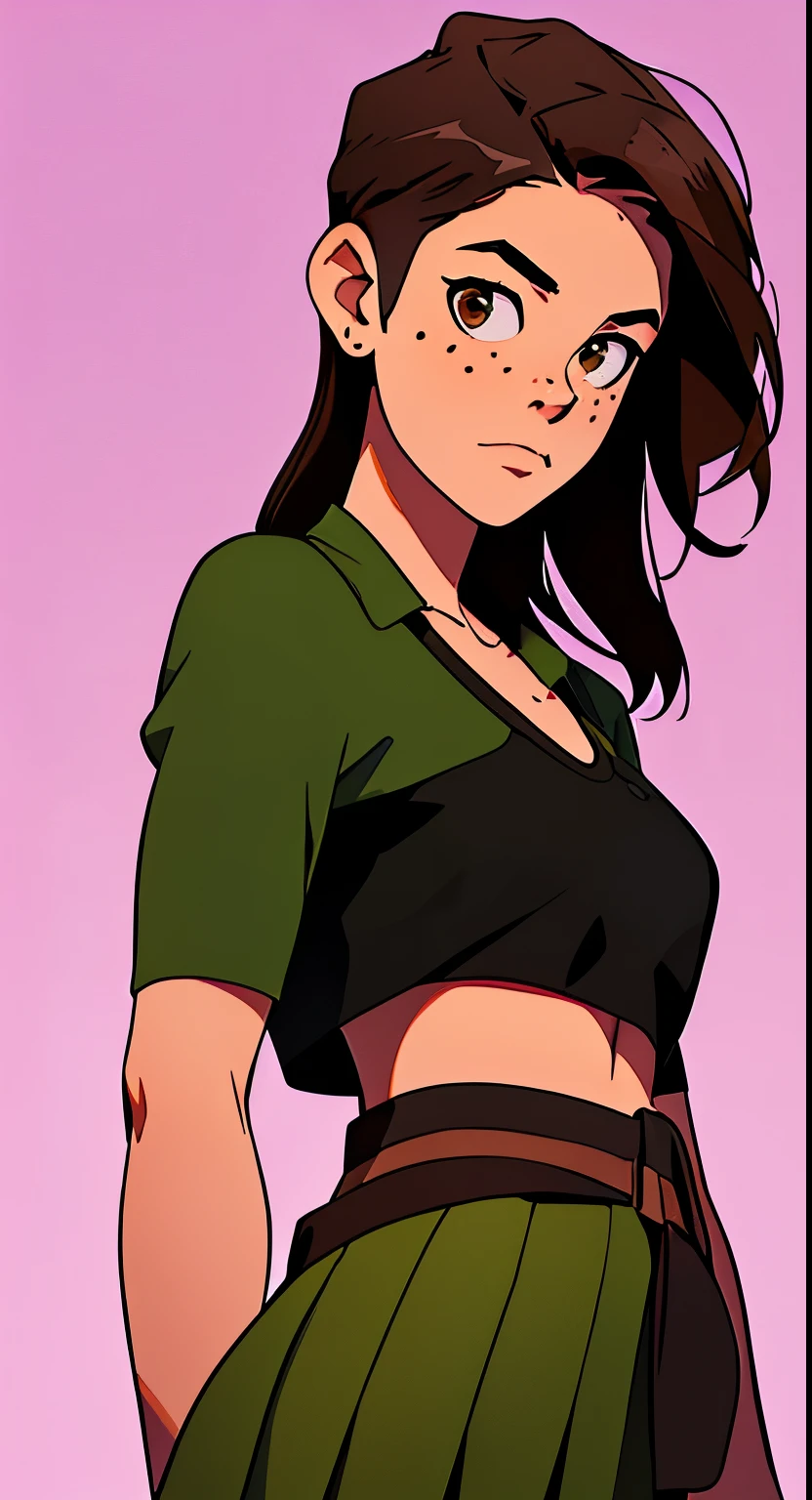 masterpiece, best quality, waist up,1girl,the highest image quality, 18-year-old ager, looks like rachel bilson, short brown hair, brown eyes, freckles, wearing a green blouse, short skirt, White background, empty background, waist up , standing normally, RachelBilson