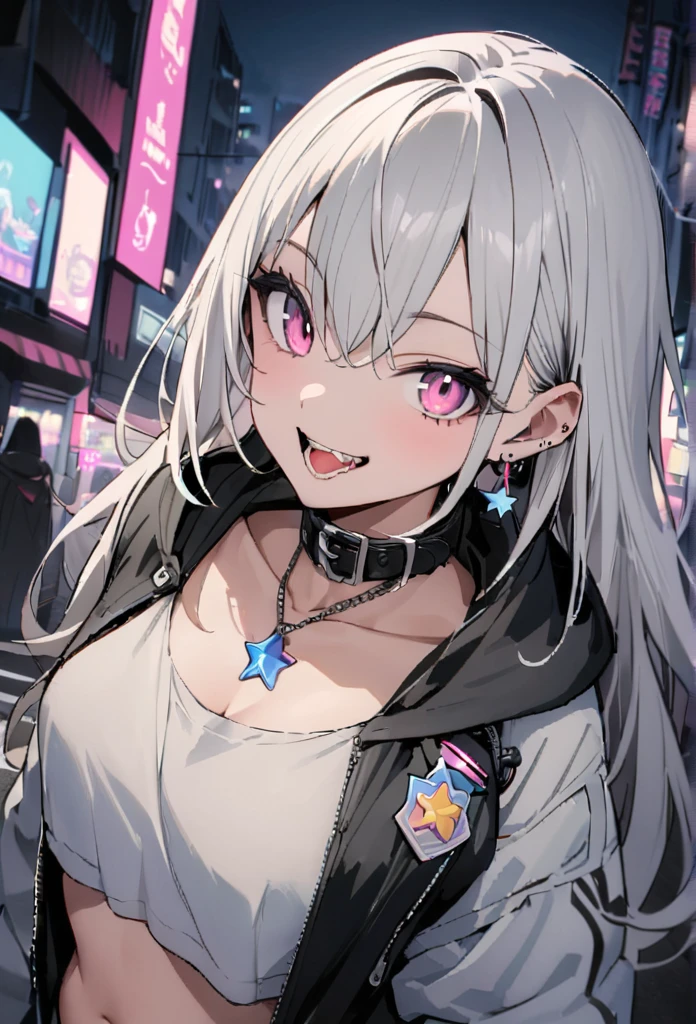 (masterpiece:1.2)、Highest quality、PIXIV、Rebellious girl、One girl、Open your mouth、鋭いteeth、teeth、Long Hair、Street background、gem、badge、ボタンbadge、Food、Pink Eyes、Earrings、Jacket、eyelash、Foodを下にして、star (symbol)、Upper Body、Characters in clothes、zipper、collar、cable、chain、tongue、Stickers、hoodie、smile、spike、Focus on the viewer、長いtongue、Chest in the center、Shoulder Bare、Belly button、Black and white hair color,Cyberpunk city,Night view,Black and white grey outfit