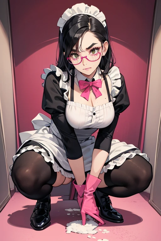 A maid with black hair and glasses wearing large pink rubber gloves squatting to clean the toilet Thick eyebrows freckles