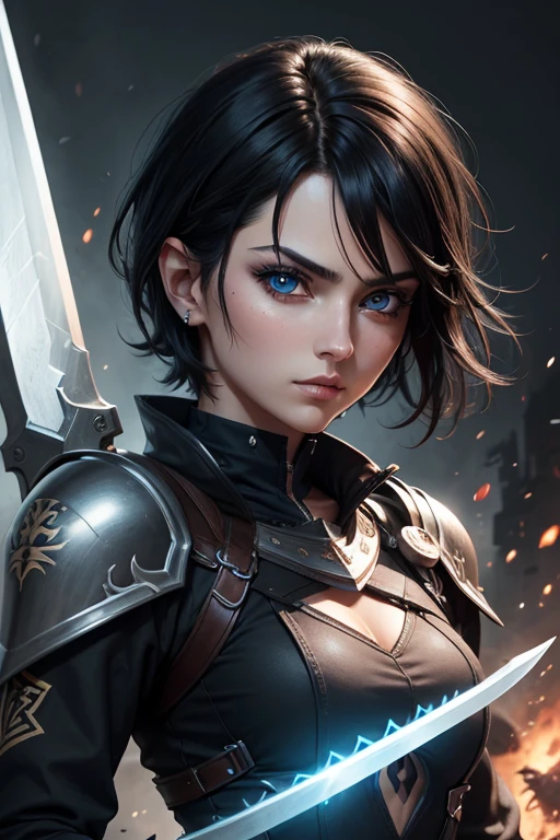 absurdrez, ultra details, high qualiy, Artwork, face detailed, gorgeous eyes(detailedeyes) warrior with sword, short black hair, paladin&#39;this&#39;It&#39;s heavy armor, fully body, tense facial expression, gaping mouth, yelling, grappling, gazing at viewer, shade, eye pencils, super lashes, fully body, lush ass