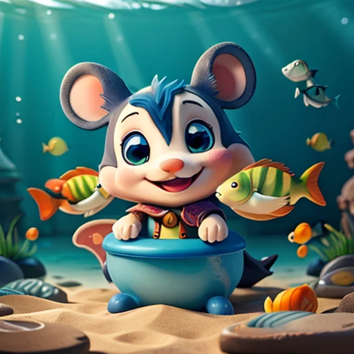 happy little mouse in the sea with fish