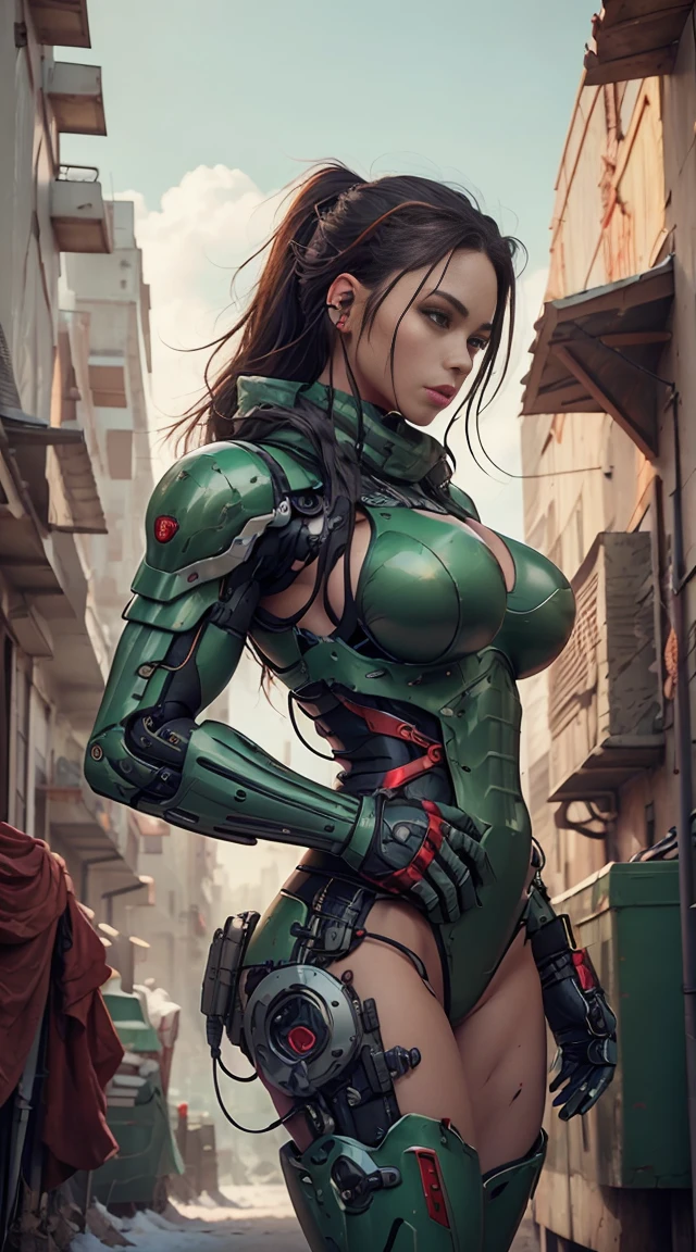 Cyborg Sexy Big Breasts Athletic Body Robotic Arms Green and Red Metal Boots Green and Red Armor NSFW Senary A City of Ice NSFW Tactical Vest