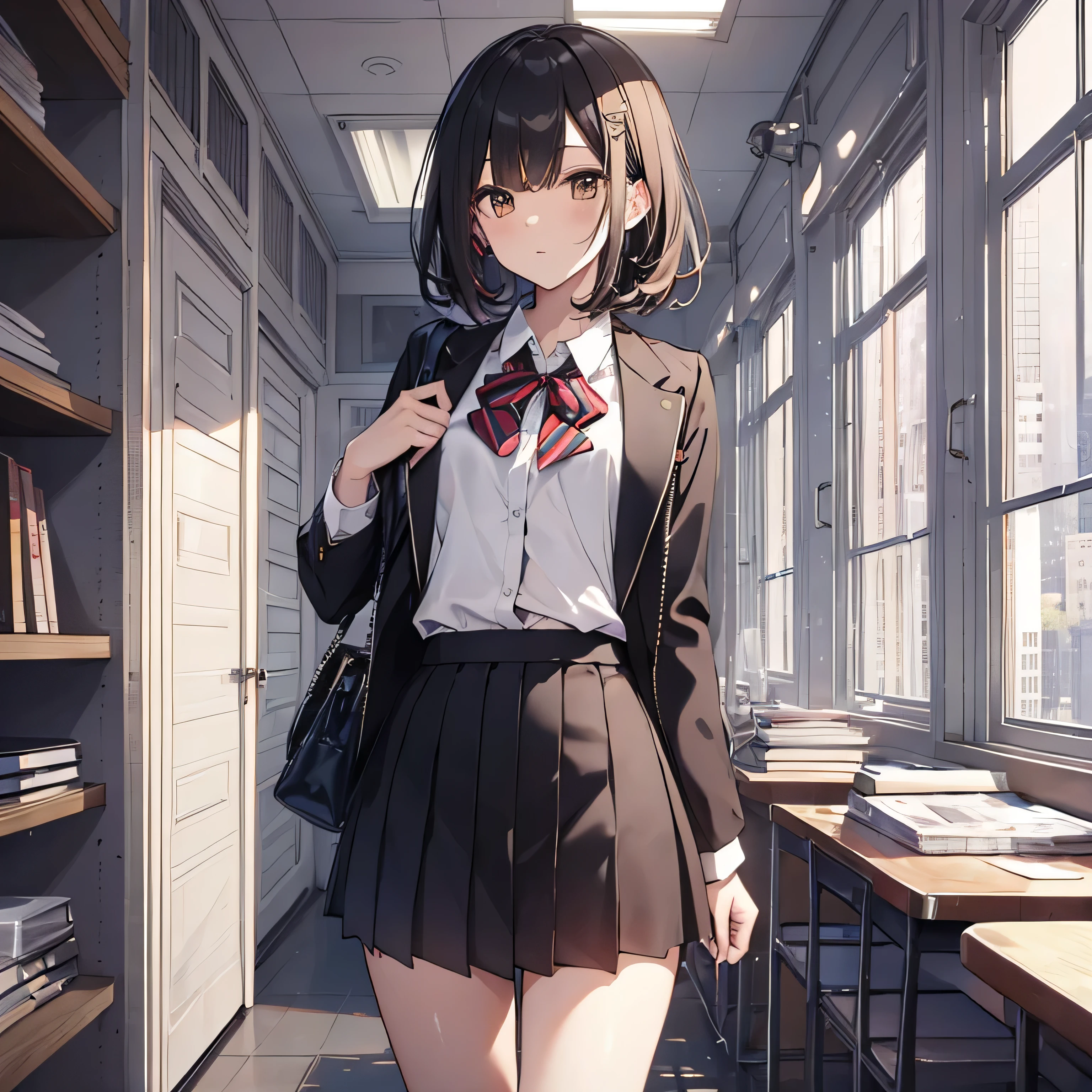 masterpiece, Highest quality, superior_Mikoto, Brown eyes, short_hair, small_chest, Looking at the audience, solo, Closed_mouth, first round_shirt, School_uniform, shirt, Whitened_shirt, , classroom　Full Body　mini skirt　Cool look