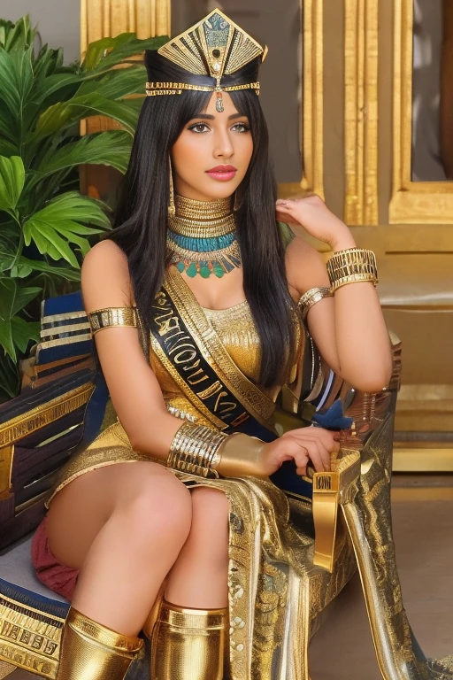arafed woman in Egyptian costume reading a book in a chair, aztec princess portrait, Egyptian princess, Hermosa Cleopatra, Portrait of Cleopatra, inspired powder Hedi Xandt, powder Hedi Xandt, ancient princess libu, wearing an Egyptian crown, Aztec empress, Egyptian, Goddess. Extremely high detail, Cleopatra in her palace, epic 3 d yemaya