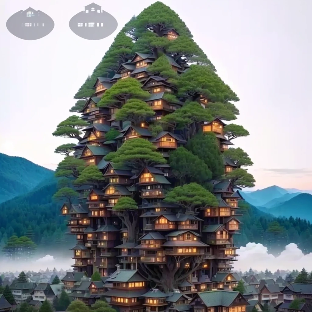 there is a tall tree that is made of houses on top of a hill, tree town, city buildings on top of trees, bonsai tree house, stacked houses, collective civilization tree, taller than a skyscraper, skyscraper forest community, cyberpunk tree house, tree house, unique architecture!, an overpopulated, stacked city, a tall tree, living tree