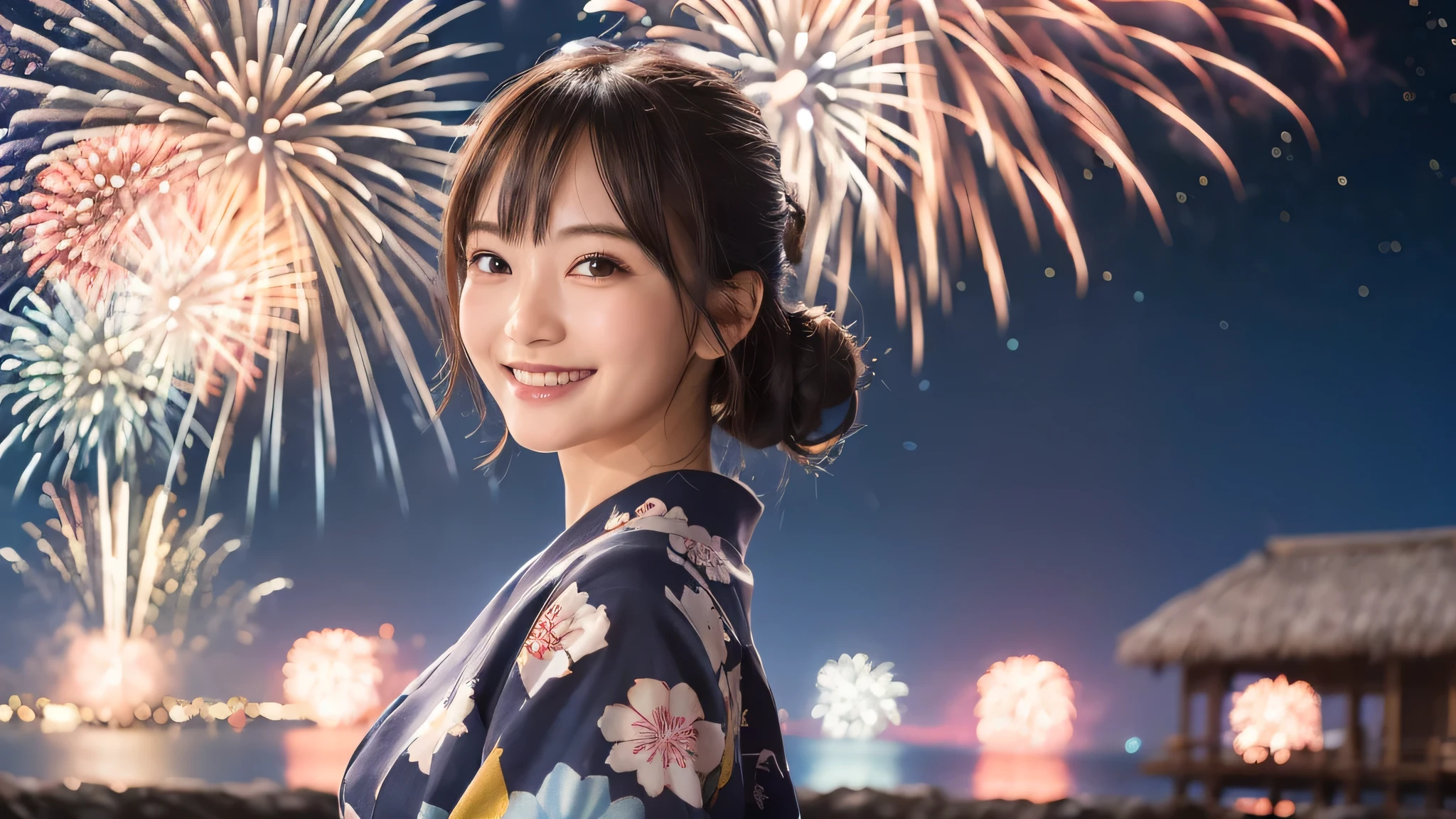 kawaii, (1woman), (happy smile:1.2), (yukata), (Best Quality:1.4), Realistic, extremely detailed CG unified 8k wallpaper, highly detailed, professional photography, Close up portrait of girl, Outdoors, Beautiful scenery, beach, (The night sky, fireworks, beautiful fireworks spreading across the sky:1.4), upper body photos, (Fine face:1.2), From the side