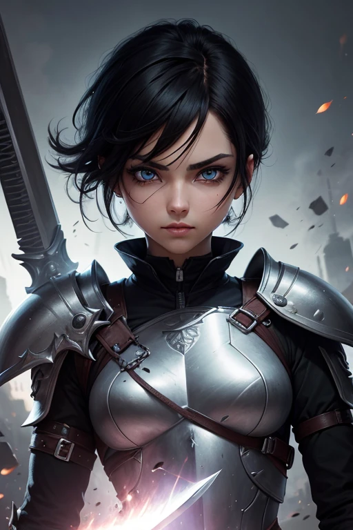 absurdrez, ultra details, high qualiy, Artwork, face detailed, gorgeous eyes(detailedeyes) warrior with sword, short black hair, paladin'this'It's heavy armor, fully body, tense facial expression, gaping mouth, yelling, grappling, gazing at viewer, shade, eye pencils, super lashes, fully body, lush ass, standing on all fours