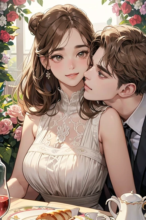 (table top, digital illustration, 4k, 8k, Super detailed, beautiful images, clear image, perfect face, perfect lines, perfect eyes, soft lighting) 1 female, (light brown hair,bun hair,innocent look,droopy eyebrows,droopy eyes、With a round face,round chin、innocence,cute,Big eyes,natural makeup,smile gently,E cup,23 years old:1.3),Two handsome men in suits, (human,man in suit,muscular,solid shoulder width, boyish hairstyle,A man in his 30s with a cool expression,28 year old man with a bright smile:1.2),garden full of light、lots of flowers、Squirting、colorful flower light,(embarrassing,shy smile:1.2),resort sofa,kiss、Couple kiss、romance porn、couple of man and woman looking at each other、In battle、Afternoon tea、lunch