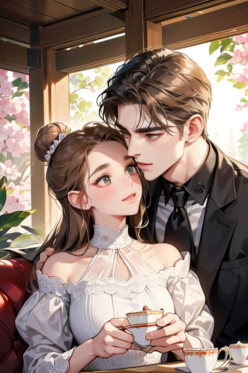 (table top, digital illustration, 4k, 8k, Super detailed, beautiful images, clear image,  perfect face, perfect lines, perfect eyes, soft lighting) 1 female, (light brown hair,bun hair,innocent look,droopy eyebrows,droopy eyes、With a round face,round chin、innocence,cute,Big eyes,natural makeup,smile gently,E cup,23 years old:1.3),Two handsome men in suits, (human,man in suit,muscular,solid shoulder width,  boyish hairstyle,A man in his 30s with a cool expression,28 year old man with a bright smile:1.2),garden full of light、lots of flowers、Squirting、colorful flower light,(embarrassing,shy smile:1.2),resort sofa,kiss、Couple kiss、romance porn、couple of man and woman looking at each other、In battle、Afternoon tea、lunch